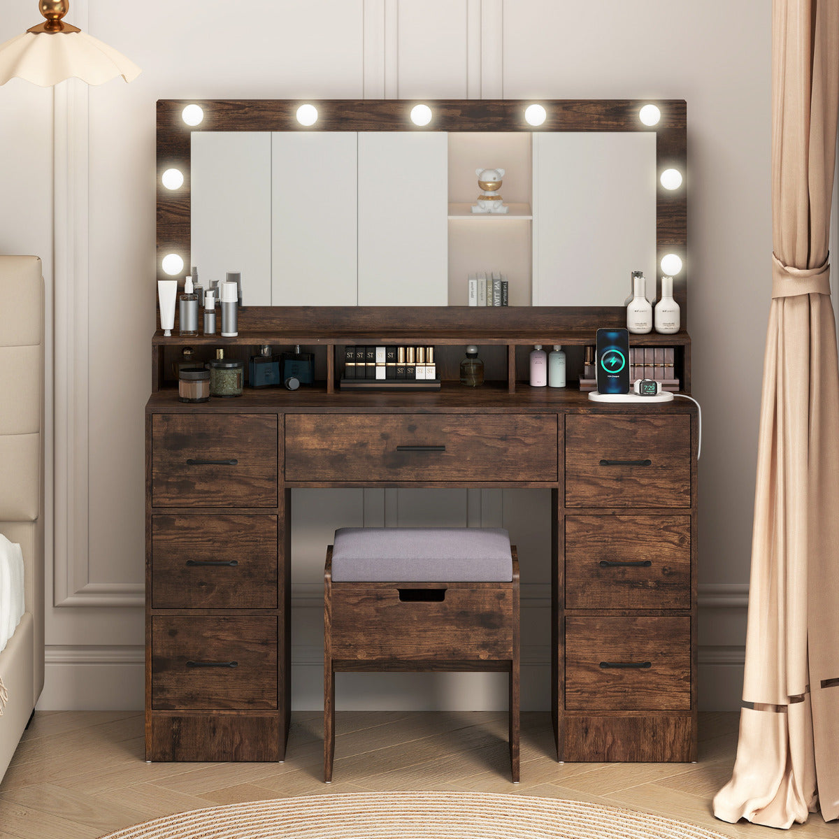 Vanity Desk with Mirror and Lights Makeup Table with Power Outlets-Rustic Brown
