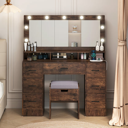 Vanity Desk with Mirror and Lights Makeup Table with Power Outlets-Rustic Brown