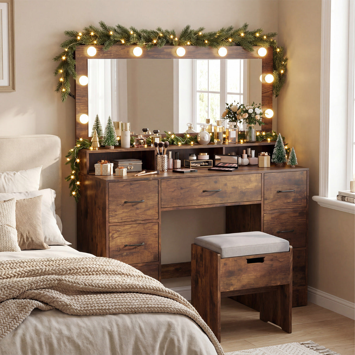 Vanity Desk with Mirror and Lights Makeup Table with Power Outlets-Rustic Brown