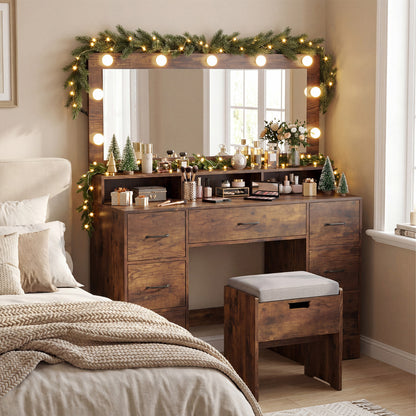 Vanity Desk with Mirror and Lights Makeup Table with Power Outlets-Rustic Brown