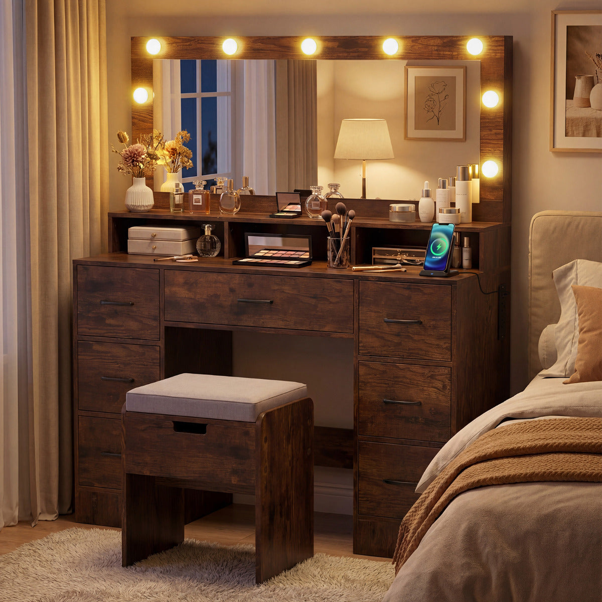 Vanity Desk with Mirror and Lights Makeup Table with Power Outlets-Rustic Brown