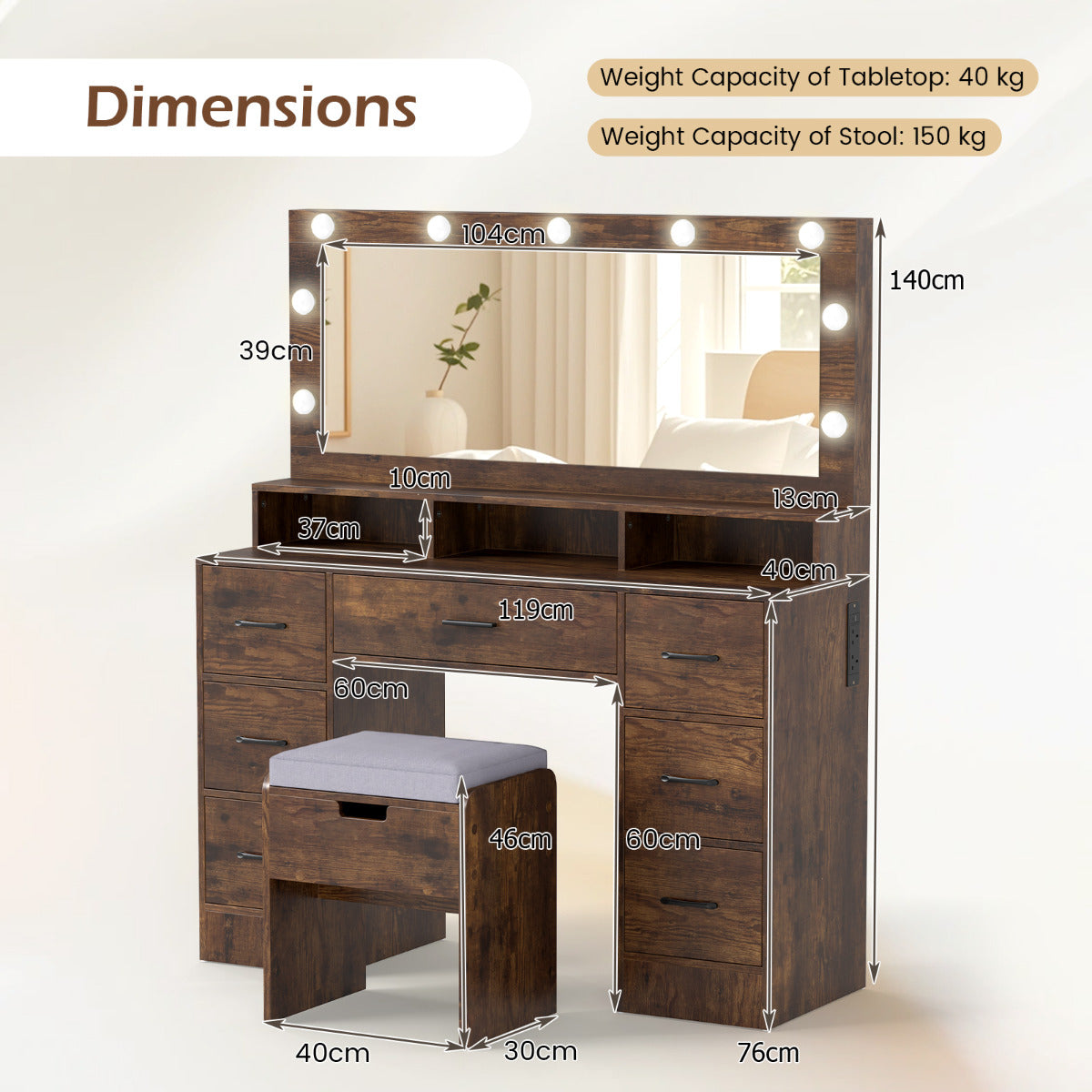 Vanity Desk with Mirror and Lights Makeup Table with Power Outlets-Rustic Brown