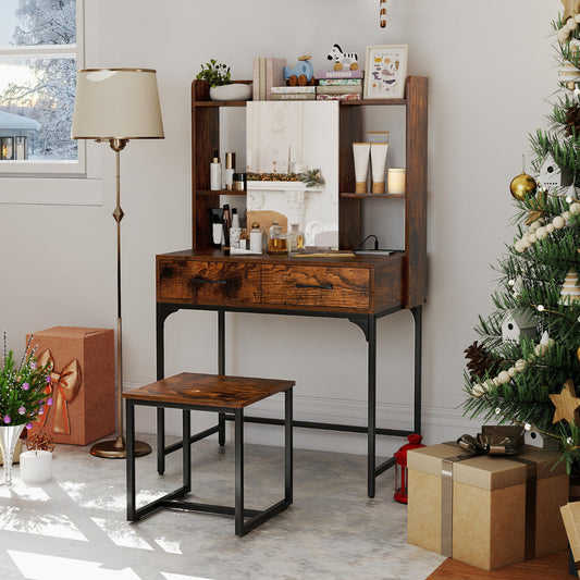 Vanity Desk with Mirror and Stool Wide Makeup Dressing Table-Rustic Brown