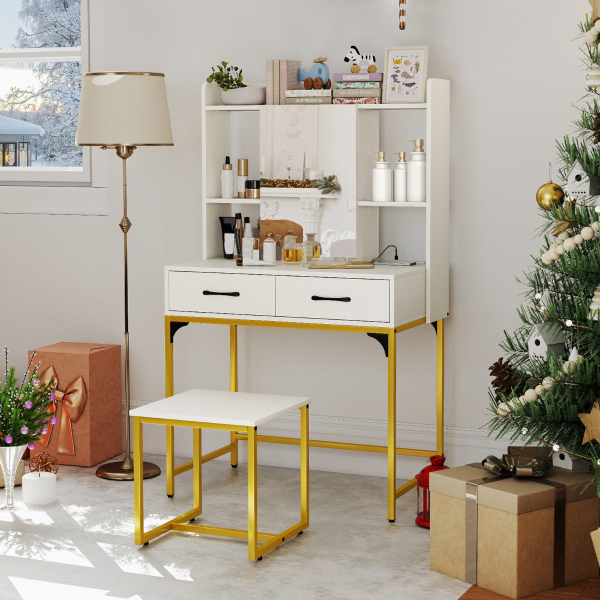 Vanity Desk with Mirror and Stool Wide Makeup Dressing Table-White