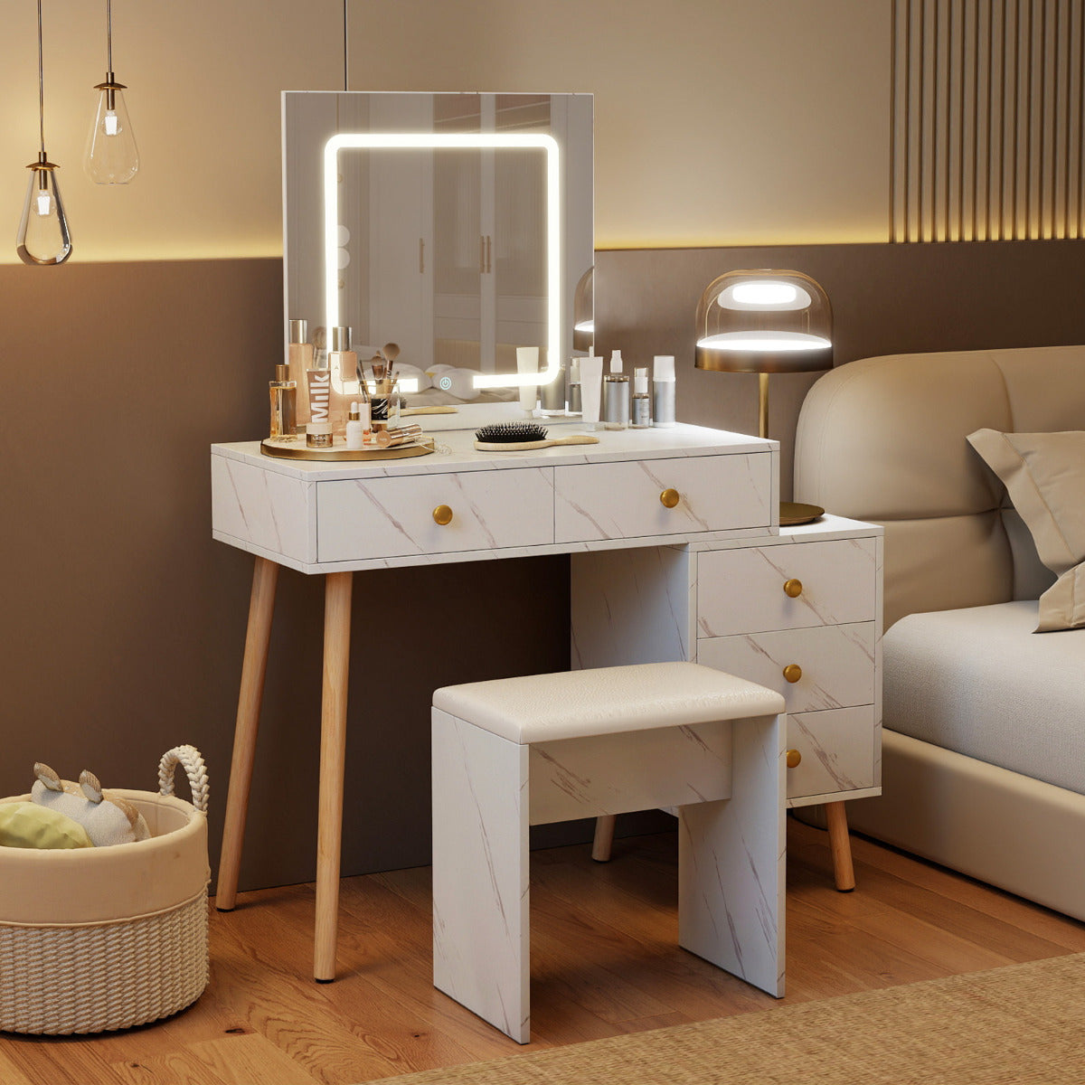 Vanity Desk Makeup Vanity Set with 3 Lighting Modes-White