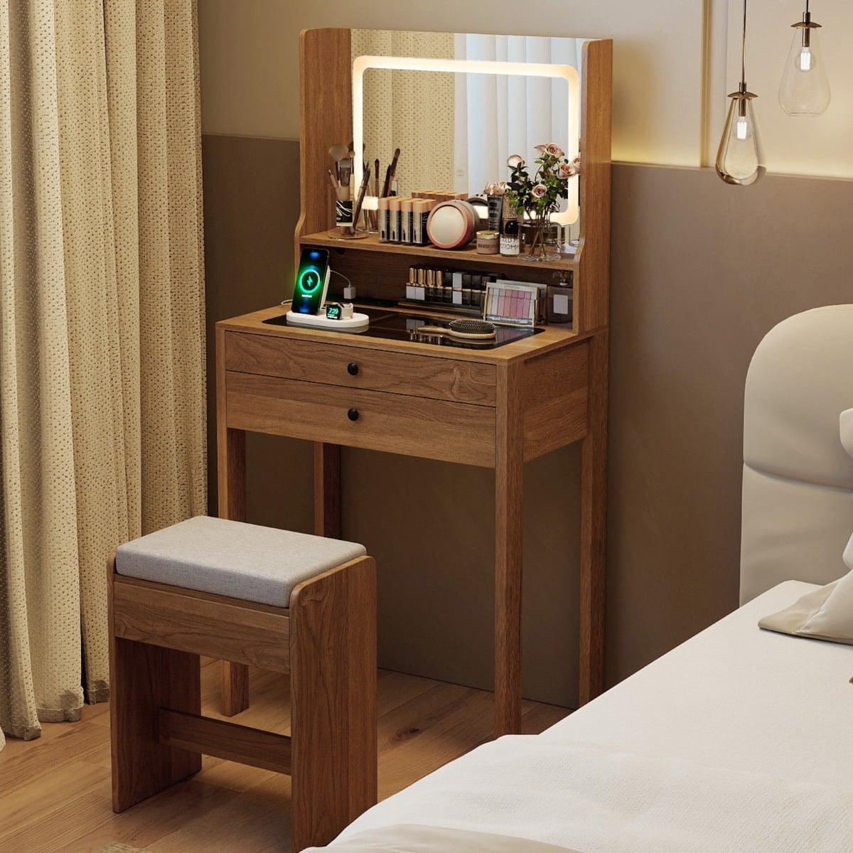 Vanity Desk with Power Outlets and 3 Color Lighting Modes for Bedroom-Natural