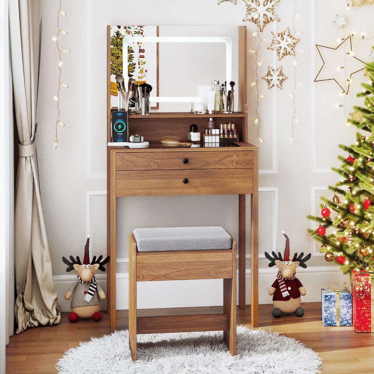 Vanity Desk with Power Outlets and 3 Color Lighting Modes for Bedroom-Natural