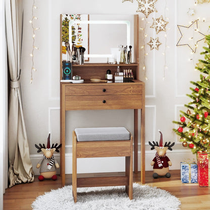 Vanity Desk with Power Outlets and 3 Color Lighting Modes for Bedroom-Natural