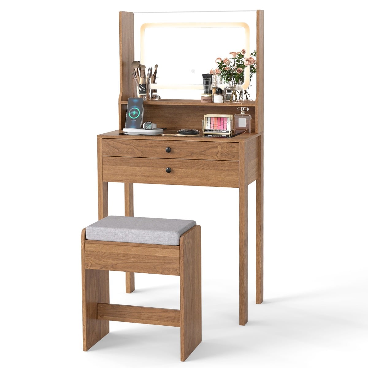 Vanity Desk with Power Outlets and 3 Color Lighting Modes for Bedroom-Natural