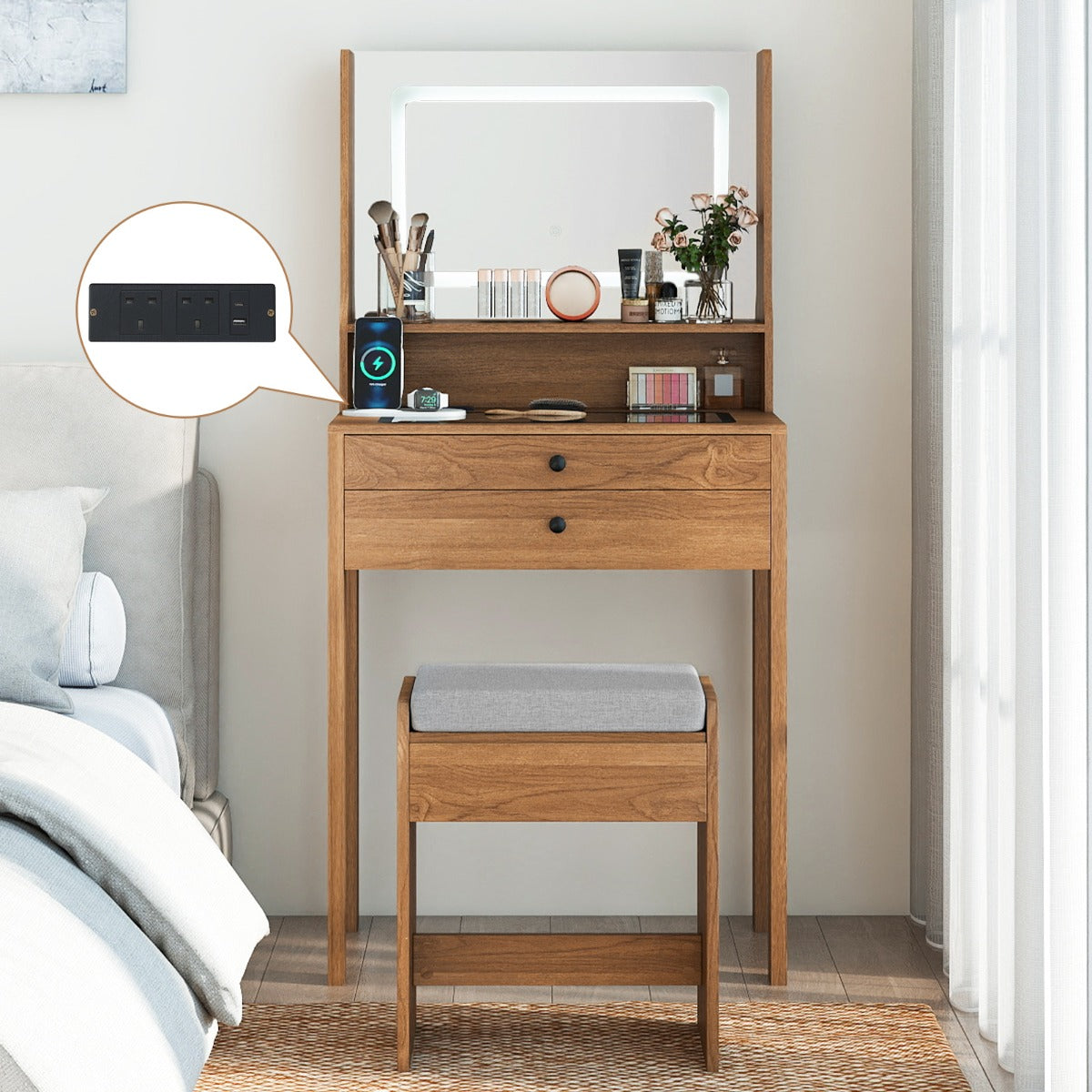 Vanity Desk with Power Outlets and 3 Color Lighting Modes for Bedroom-Natural