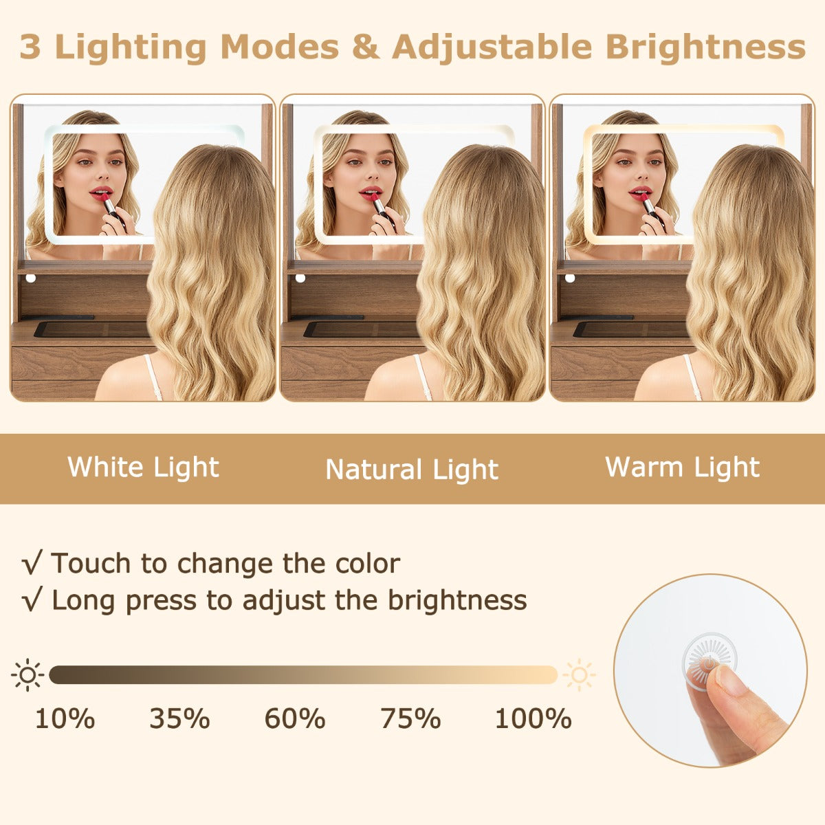 Vanity Desk with Power Outlets and 3 Color Lighting Modes for Bedroom-Natural