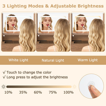 Vanity Desk with Power Outlets and 3 Color Lighting Modes for Bedroom-Natural