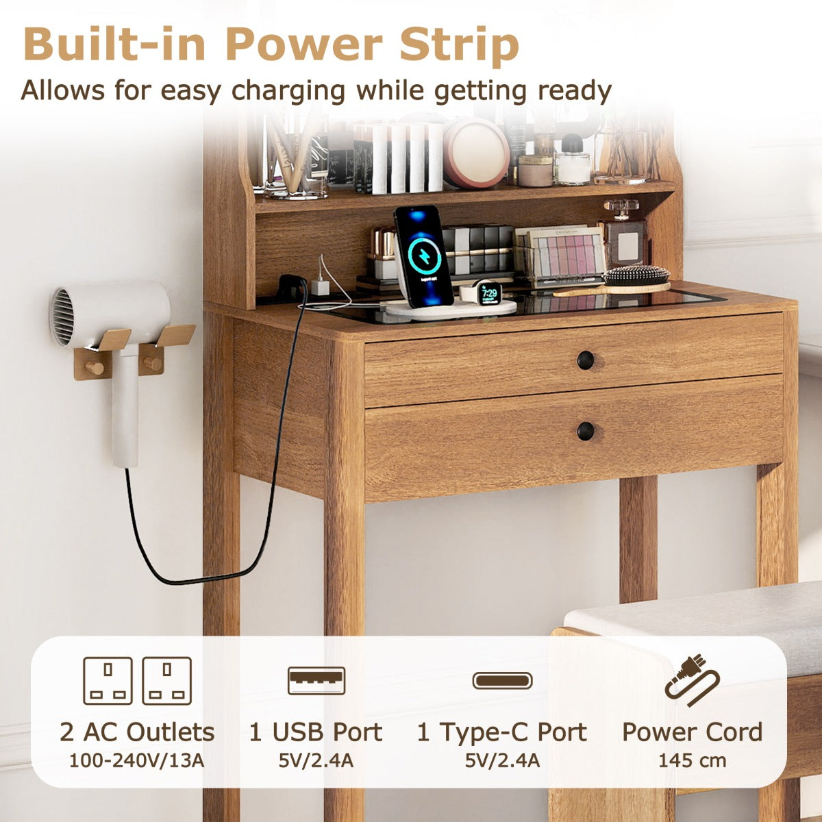 Vanity Desk with Power Outlets and 3 Color Lighting Modes for Bedroom-Natural