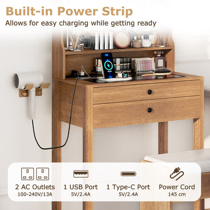 Vanity Desk with Power Outlets and 3 Color Lighting Modes for Bedroom-Natural
