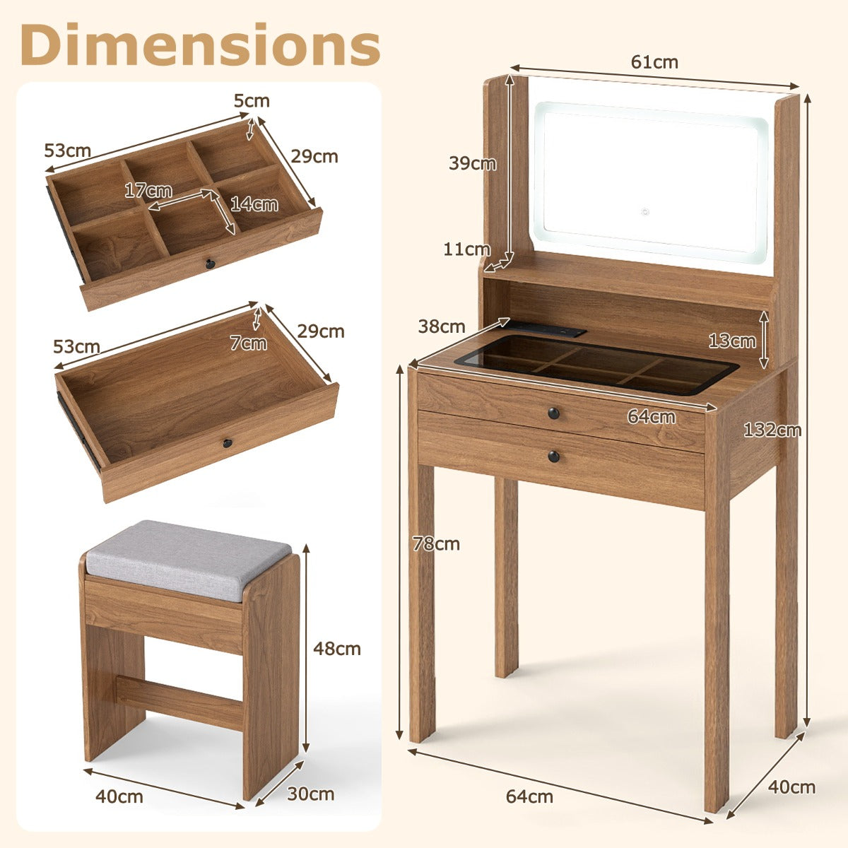 Vanity Desk with Power Outlets and 3 Color Lighting Modes for Bedroom-Natural