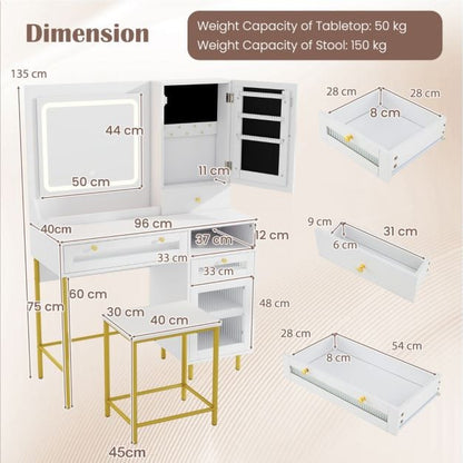 Vanity Set with 2 Fluted Glass Drawers and 1 Ordinary Drawer-White