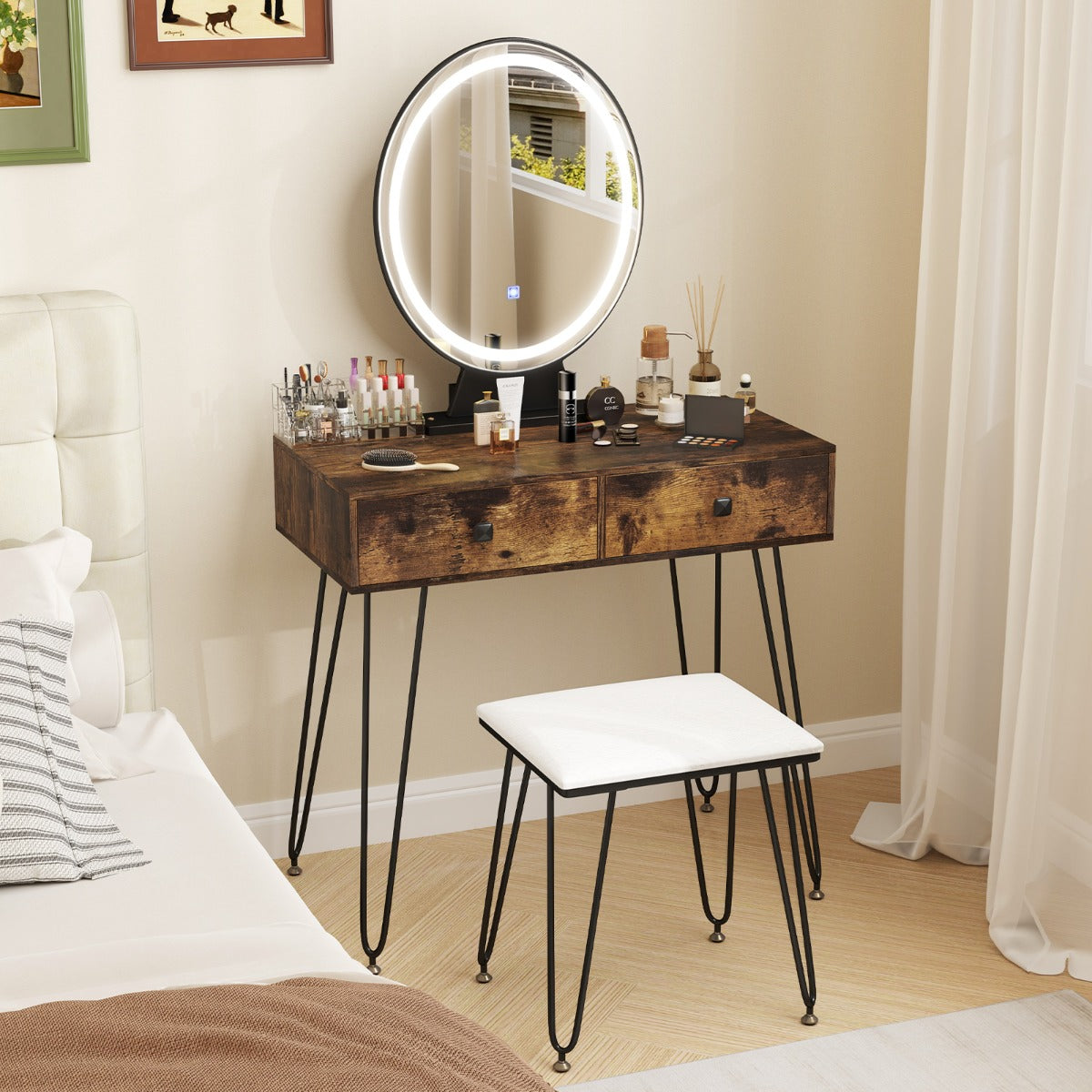 Vanity Set with LED Lighted Mirror and Soft Cushioned Stool for Bedroom-Rustic Brown