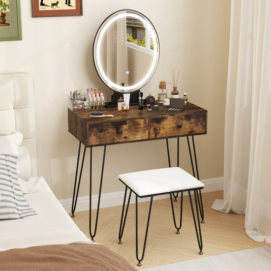 Vanity Set with LED Lighted Mirror and Soft Cushioned Stool for Bedroom-Rustic Brown