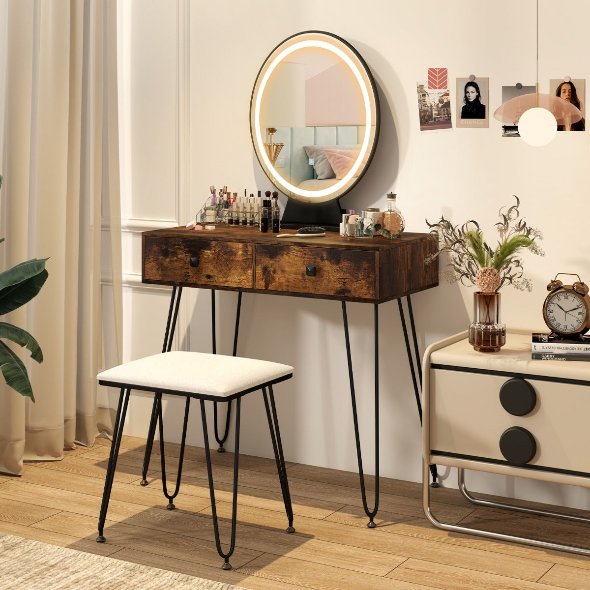 Vanity Set with LED Lighted Mirror and Soft Cushioned Stool for Bedroom-Rustic Brown