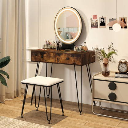 Vanity Set with LED Lighted Mirror and Soft Cushioned Stool for Bedroom-Rustic Brown