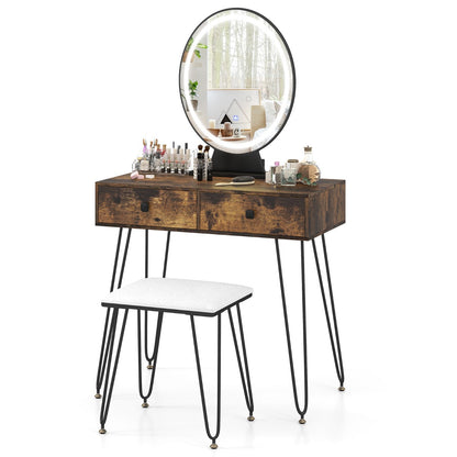 Vanity Set with LED Lighted Mirror and Soft Cushioned Stool for Bedroom-Rustic Brown