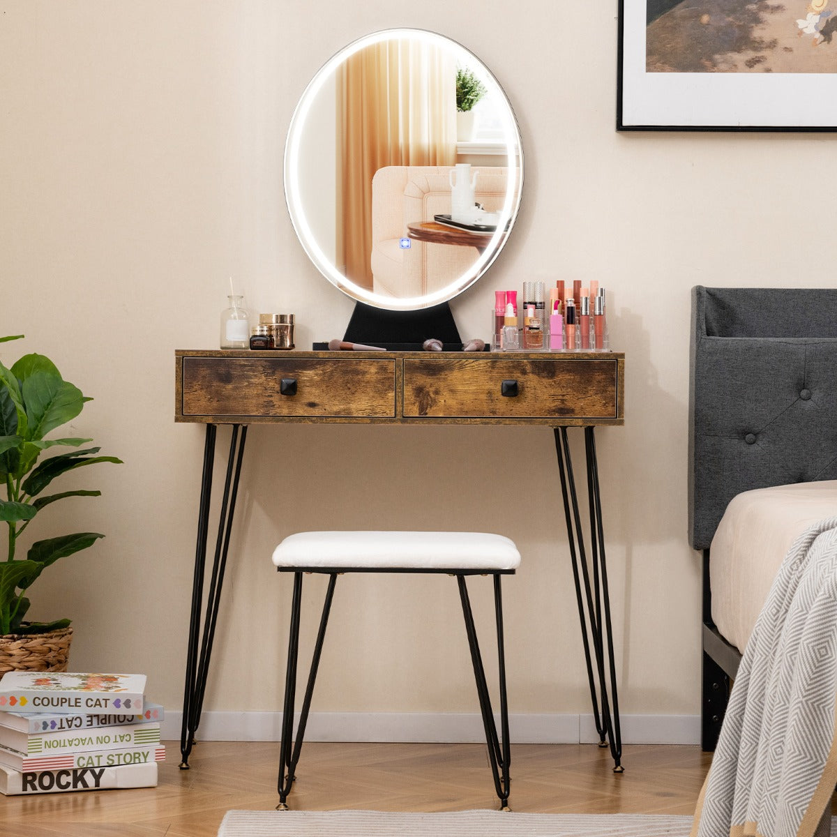 Vanity Set with LED Lighted Mirror and Soft Cushioned Stool  for Bedroom-Rustic Brown