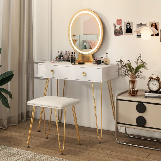 Vanity Set with LED Lighted Mirror and Soft Cushioned Stool  for Bedroom-White