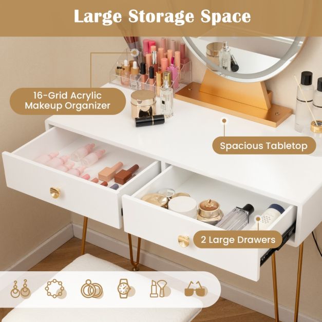 Vanity Set with LED Lighted Mirror and Soft Cushioned Stool  for Bedroom-White