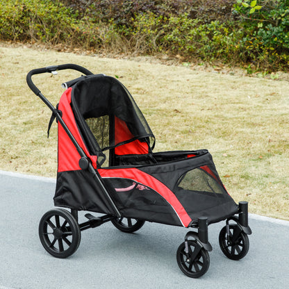 PawHut Foldable Pet Stroller for Large Dogs with Four Big Wheels, Shock-Absorbing Frame, Safety Leashes, Brakes, Red/Black