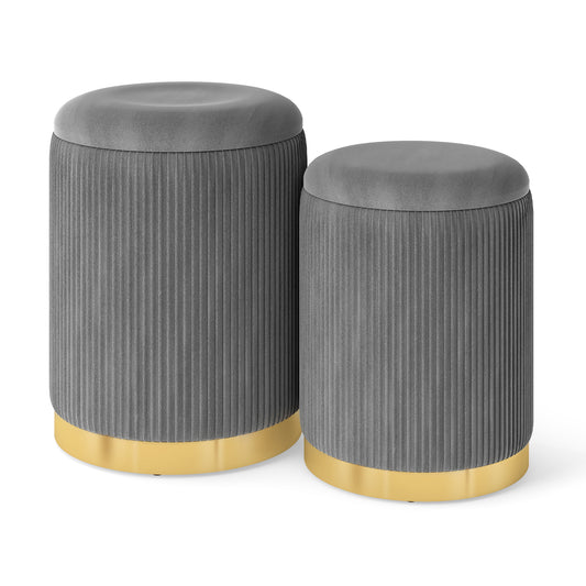 Velvet Storage Ottoman Set of 2 with Gold Stainless Steel Hoop-Grey