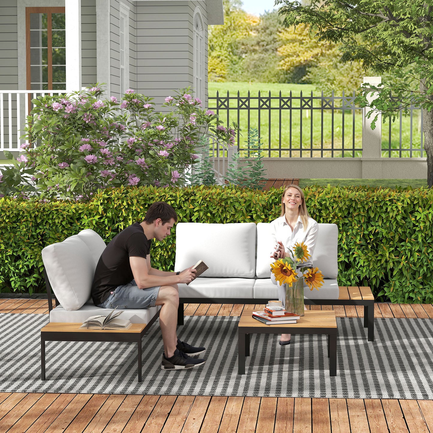Outsunny Four-Piece Garden Corner Sofa Set with 2 Loveseats and 2 Coffee Tables - Grey