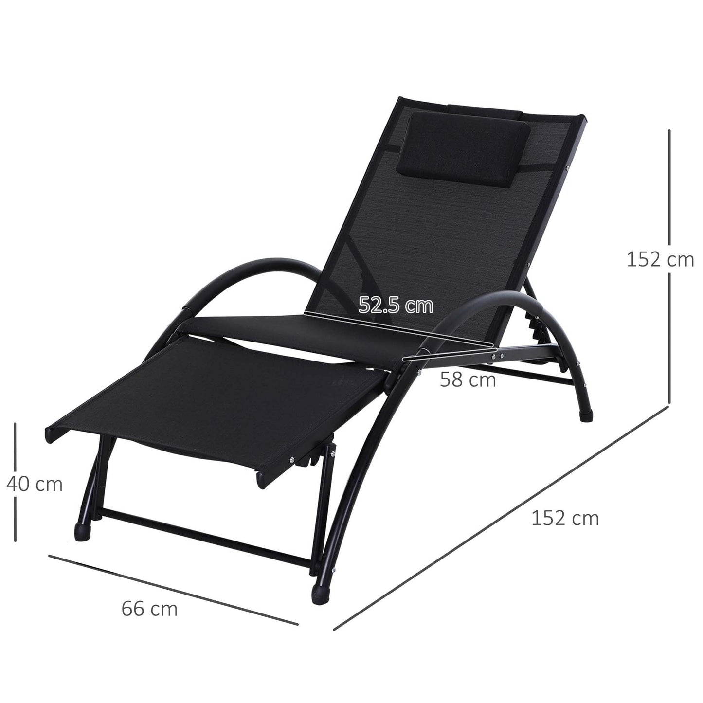 Outsunny Garden Patio Sun Lounger مسند ذراع نصف دائرة قابل للتعديل مسند للقدمين إطار من الألومنيوم مقعد ووسادة للحديقة في الهواء الطلق - أسود