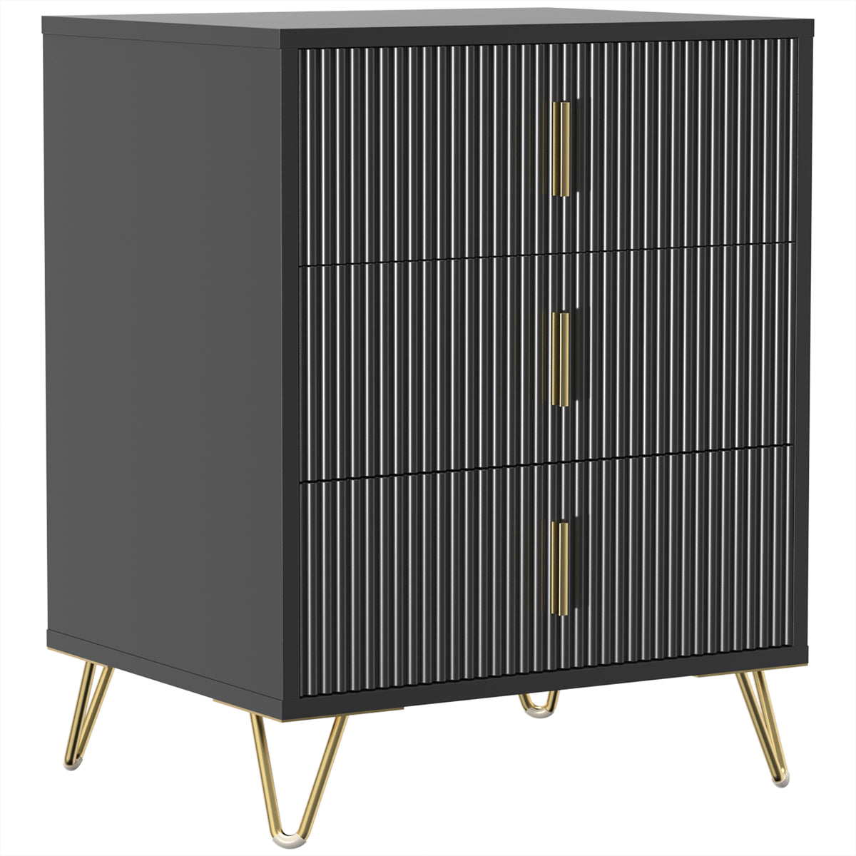 HOMCOM Modern 3-Drawer Dresser, Fluted Bedroom Dresser Chest of Drawers with Metal Legs and Steel Handles for Bedroom, Black