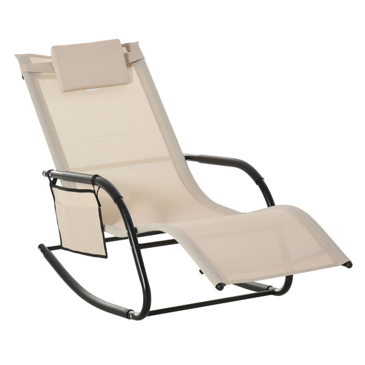 Outsunny Outdoor Garden Rocking Chair, Patio Sun Lounger Rocker Chair z oddychającą siateczką, zdejmowaną poduszką zagłówka, podłokietnikiem, boczną torbą do przechowywania, kremowo-biały