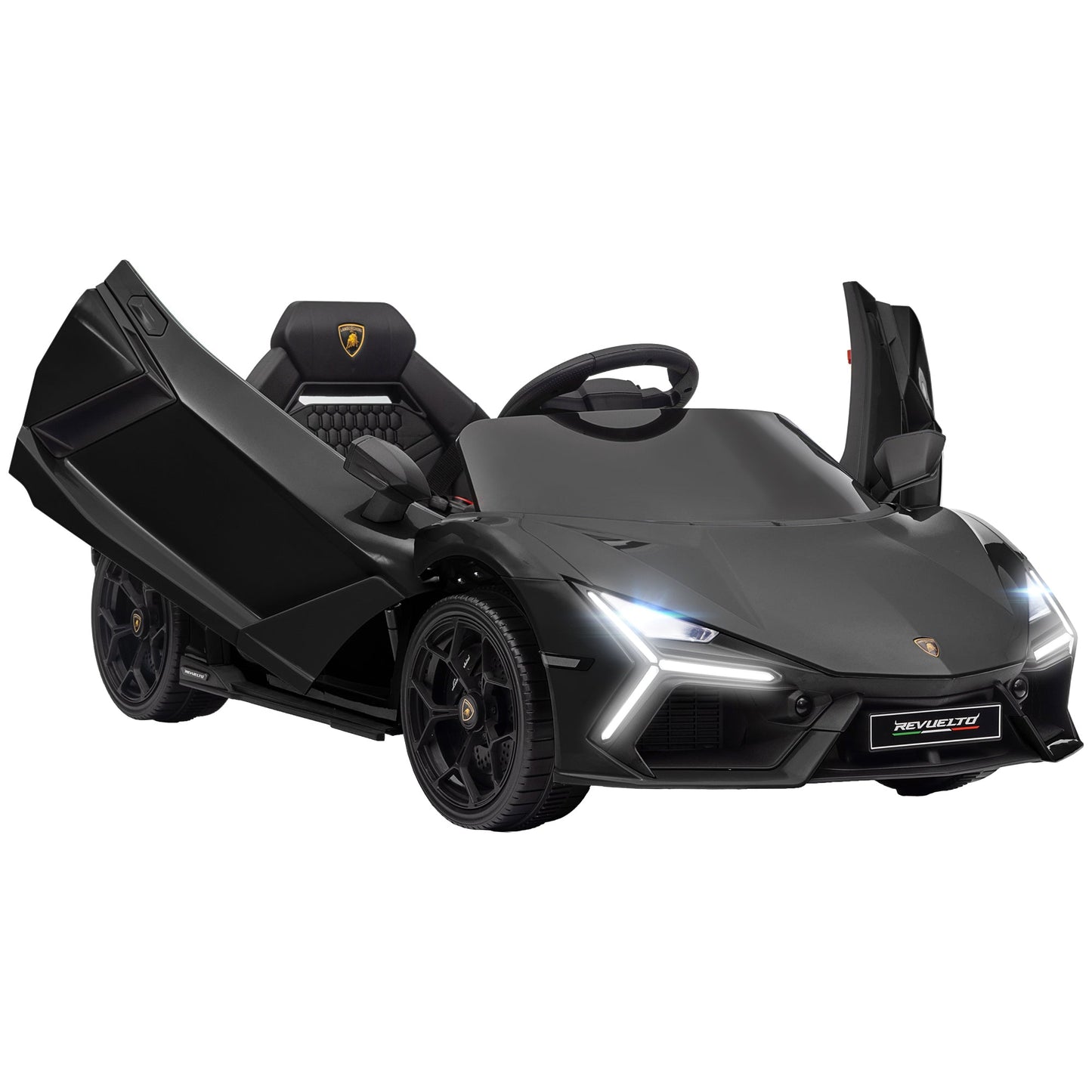 AIYAPLAY Lamborghini Revuelto Licensed 12V Ride on Car w/ Butterfly Doors, Transport Wheels, Suspension, Remote Control, Black