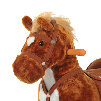 Rocking Horse Plush Kids Ride on Gift Wooden Action Pony Wheeled Walking Riding Little Baby Toy With Sound-Brown