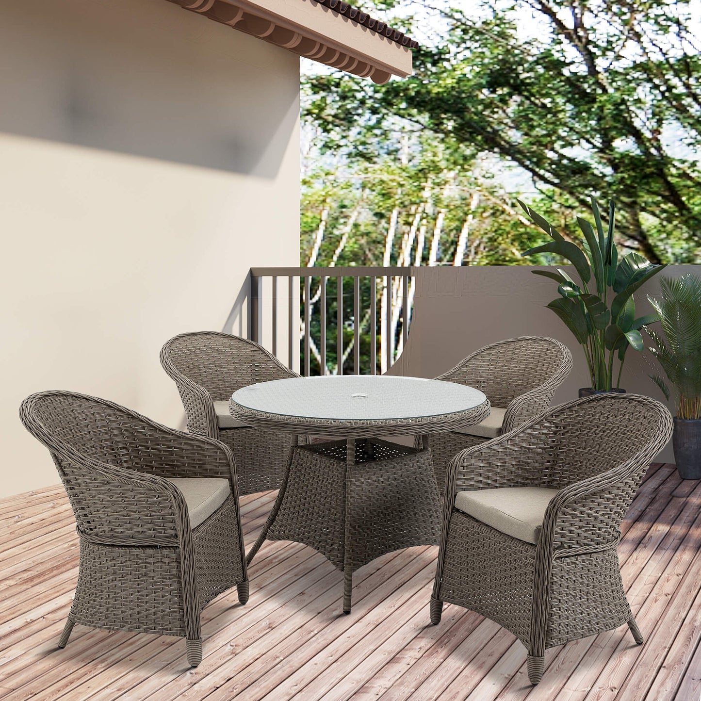 Outsunny 5 Pieces Outdoor Patio PE Rattan Dining Set, Four Seater Garden Furniture - 4 Chairs & Round Table w/ Umbrella Hole, Mixed Grey