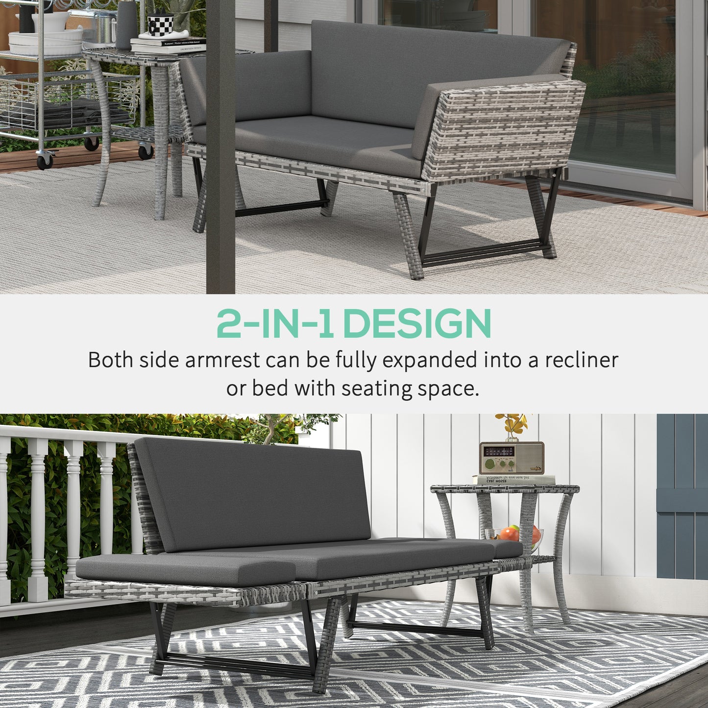 Sofa Outsunny 2-osobowa z rattanu z poduszkami, 2-w-1 z rattanu PE z podłokietnikami lewostronnymi w górę lub w dół, ogrodowa leżanka dwuosobowa na zewnątrz, patio, mieszany szary