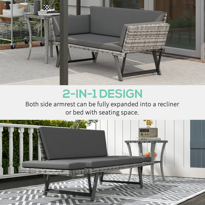 Sofa Outsunny 2-osobowa z rattanu z poduszkami, 2-w-1 z rattanu PE z podłokietnikami lewostronnymi w górę lub w dół, ogrodowa leżanka dwuosobowa na zewnątrz, patio, mieszany szary