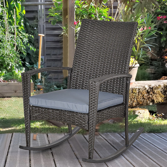 Outsunny Outdoor PE Rattan Bujany fotel, ogrodowy bujany zestaw z podłokietnikiem i poduszką, szary