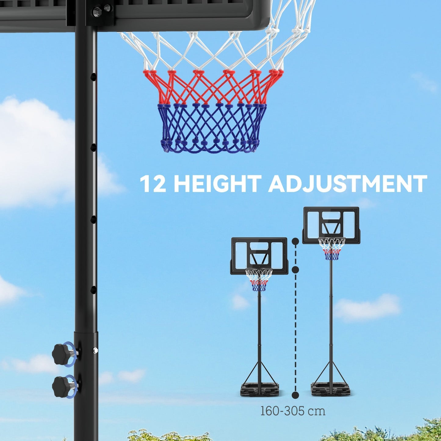 SPORTNOW 2.3-3.05m Basketball Hoop and Stand, with Weighted Base, Wheels, Black
