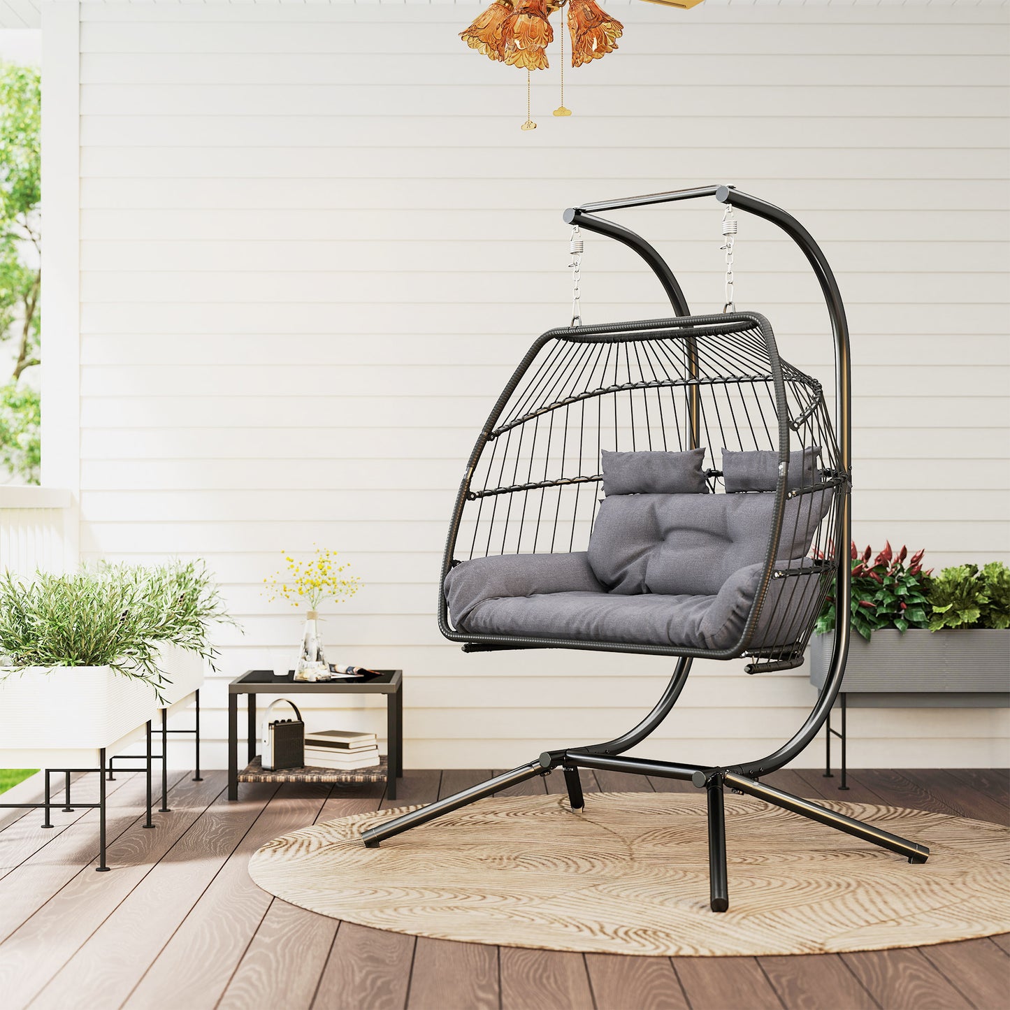 Outsunny Rattan Double Hanging Egg Chair ze stojakiem, składany wiklinowy fotel w kształcie jajka z poduszką, poduszki pod głowę, stalowa rama, fotel hamakowy do wewnątrz i na zewnątrz, nośność 260 kg, ciemnoszary