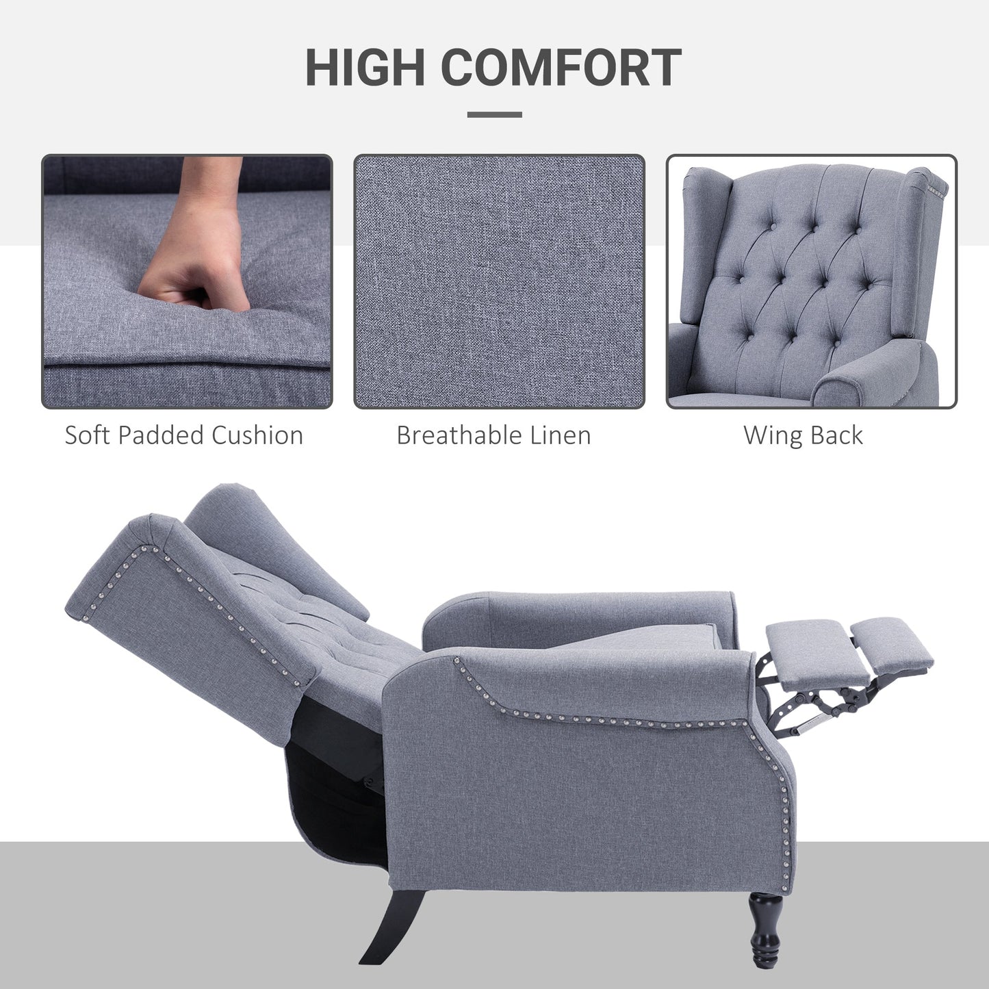 Retro Style Recliner Armchair for Living Room, Reclining Chair, Wingback Chair with Button Tufted Back and Footrest, Light Grey