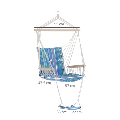 كرسي حبل معلق من Outsunny مع مقعد مبطن ناعم ومسند ظهر، كرسي حديقة محمول مع قضيب دعم خشبي ومساند للذراعين وقماش قطني ومسند للقدمين، للفناء والأشجار، أزرق