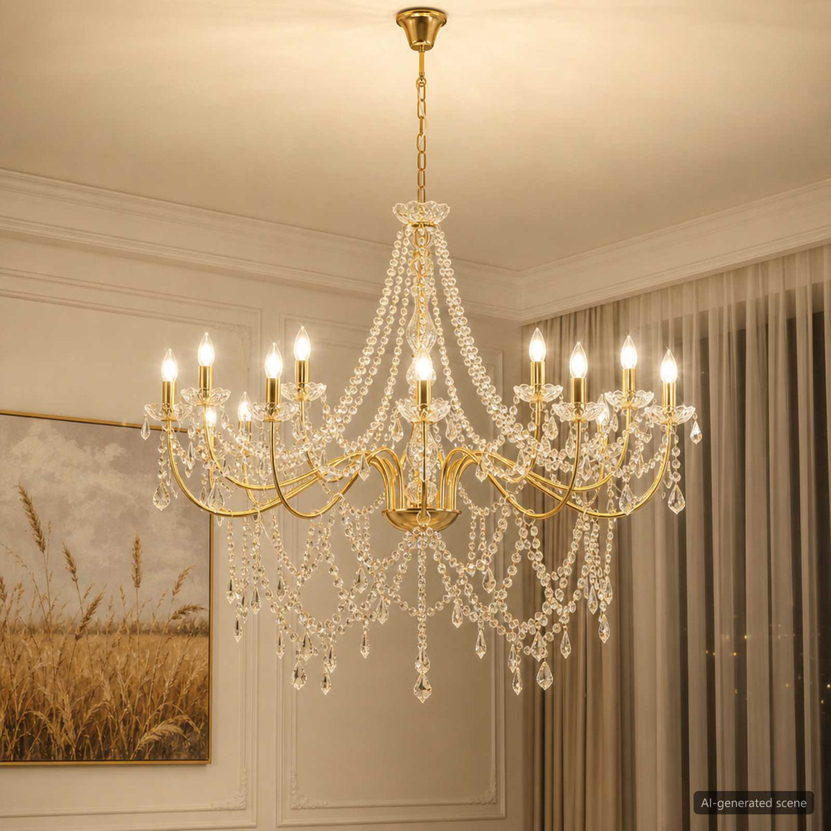 vidaXL Adjustable Chandelier with Beads E14 Metal and Acrylic Gold 1