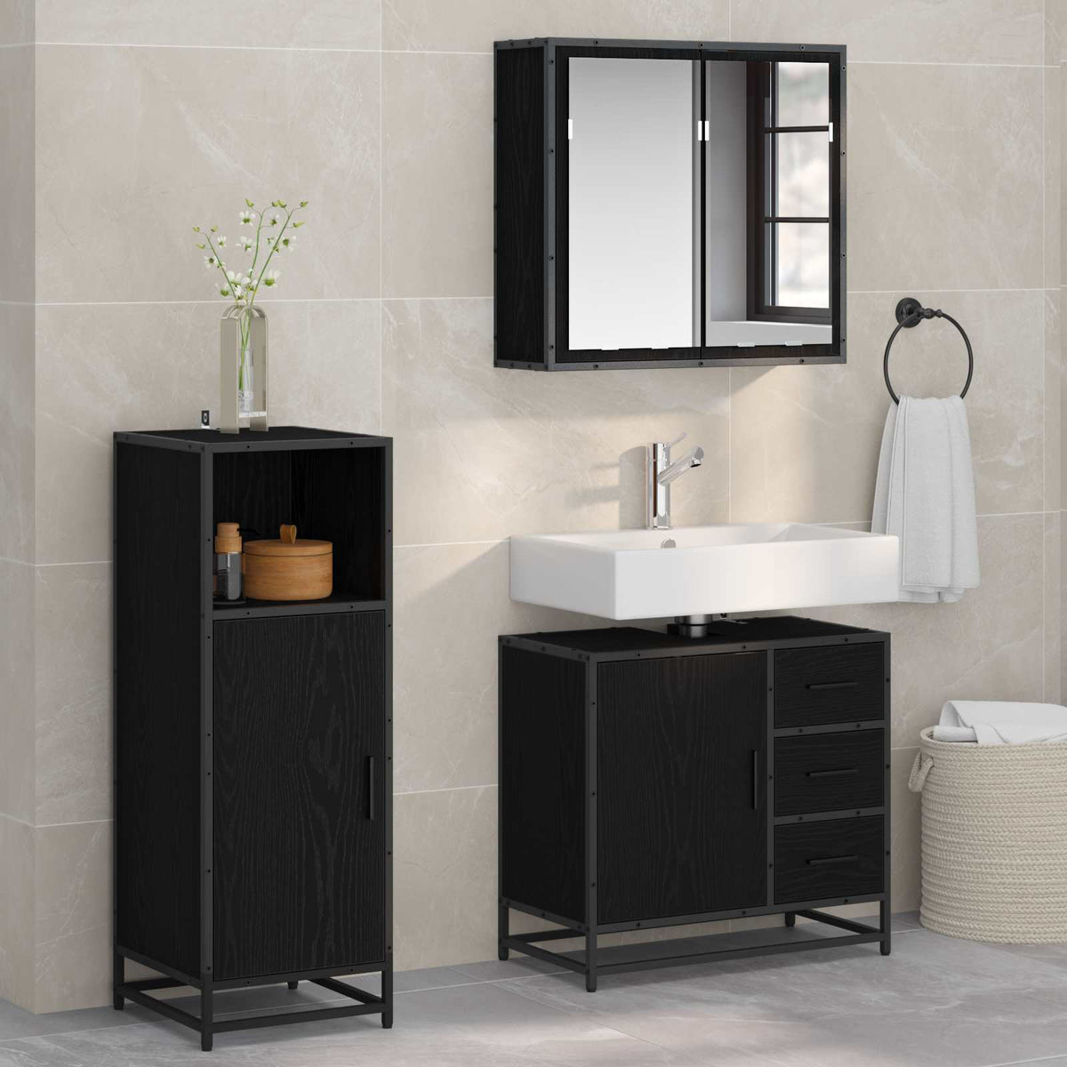 vidaXL Bathroom Furniture Set 3 pcs Black Oak Engineered Wood 1