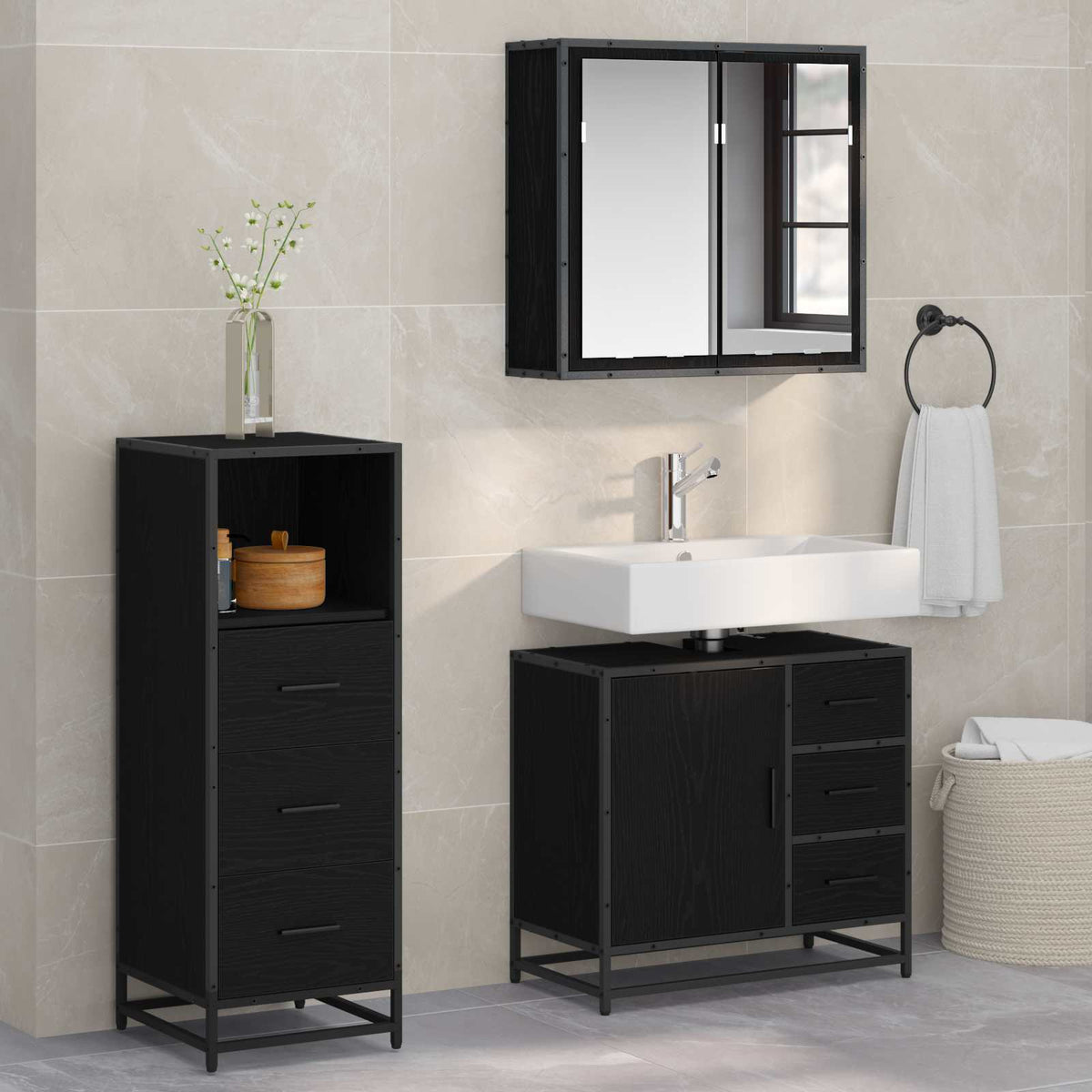 vidaXL Bathroom Furniture Set 3 pcs Black Oak Engineered Wood 1