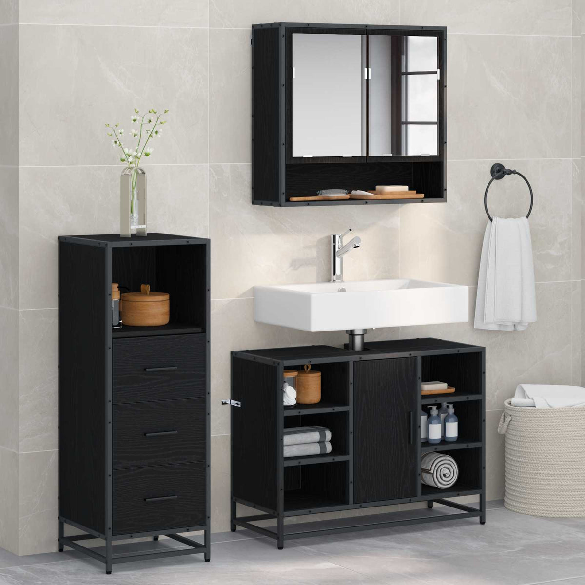 vidaXL Bathroom Furniture Set 3 pcs Black Oak Engineered Wood 1
