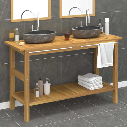 vidaXL Bathroom Vanity Cabinet with River Stone Sinks Solid Wood Teak 1