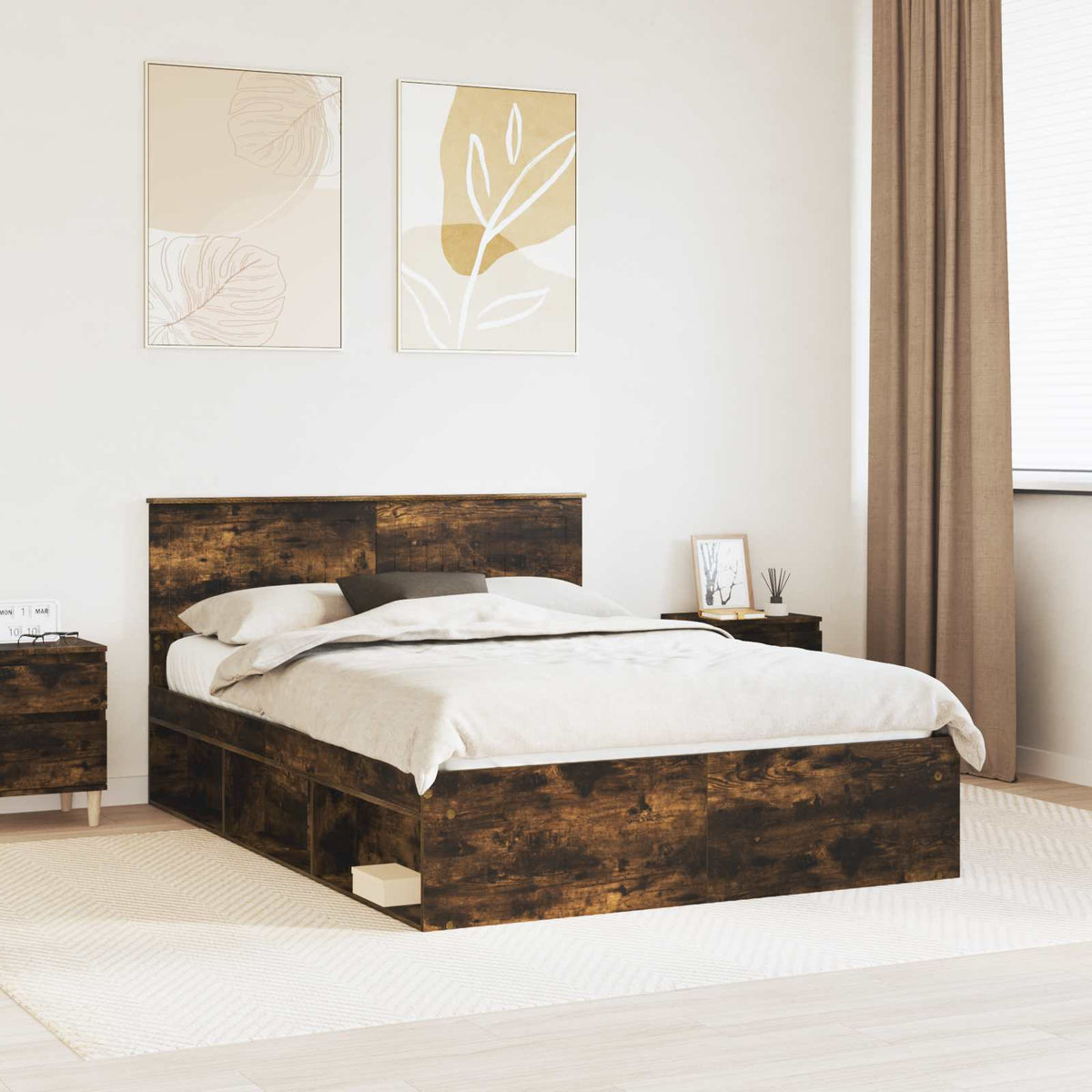 vidaXL Bed Frame Smoked Oak 135 x 190 cm Solid Pine Wood 1